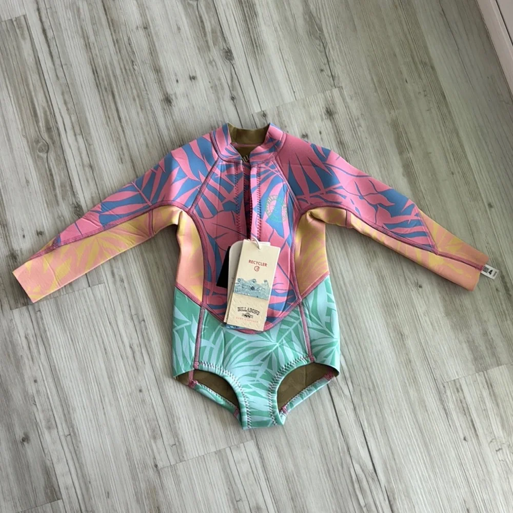 Billabong Kids Long Sleeve Rashguard One-Piece in Pink, Mint & Yellow